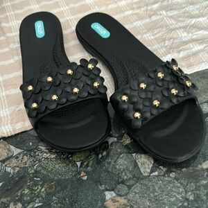 Oka b never worn black slides with gold studs detail.